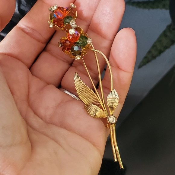 Vintage goldtone wire flowers green orange aurora borealis beads and rhinestone - Picture 8 of 10
